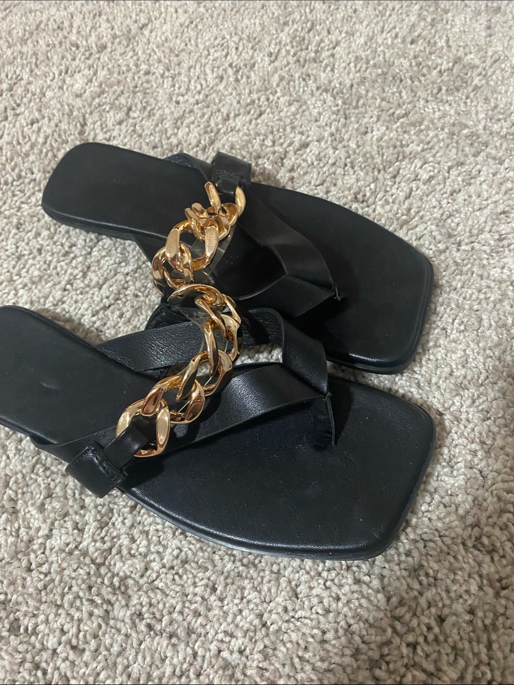Black Leather Chain-Accent Women's Sandals